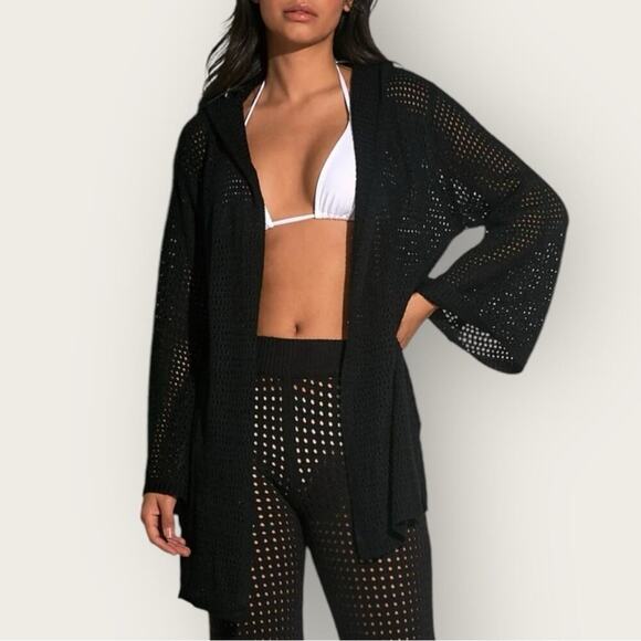 NWT | Elan | Crochet Open Hooded Cardigan | Black | Medium - Picture 1 of 12